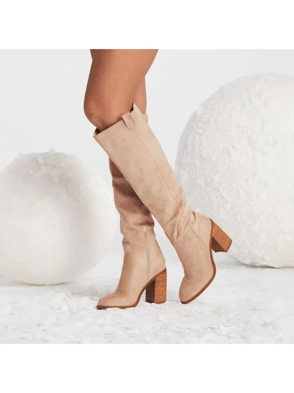 Women's Apricot High Heel Round Toe Faux Suede Side Zipper Slouch Knee High Boot